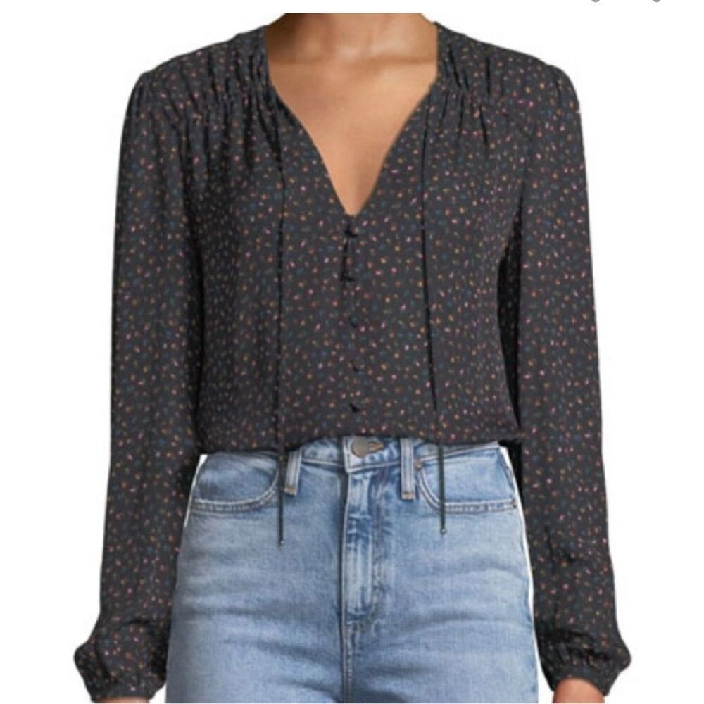 Veronica Beard Arbor Tie Neck V-Neck Black Floral Long Sleeve Blouse 100% SILK s